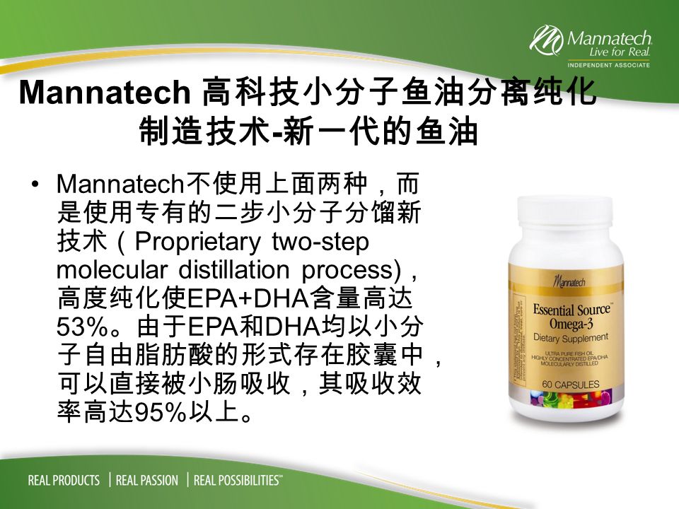Mannatech 高科技小分子鱼油分离纯化 制造技术 - 新一代的鱼油 Mannatech 不使用上面两种，而 是使用专有的二步小分子分馏新 技术（ Proprietary two-step molecular distillation process) ， 高度纯化使 EPA+DHA 含量高达 53% 。由于 EPA 和 DHA 均以小分 子自由脂肪酸的形式存在胶囊中， 可以直接被小肠吸收，其吸收效 率高达 95% 以上。