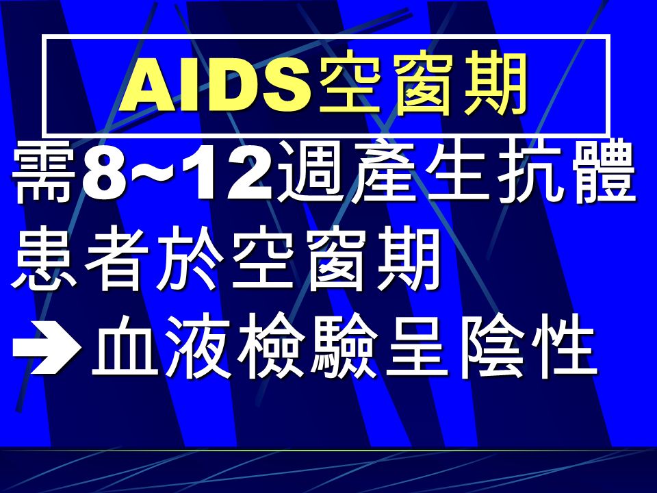AIDS 空窗期 需 8~12 週產生抗體 患者於空窗期  血液檢驗呈陰性