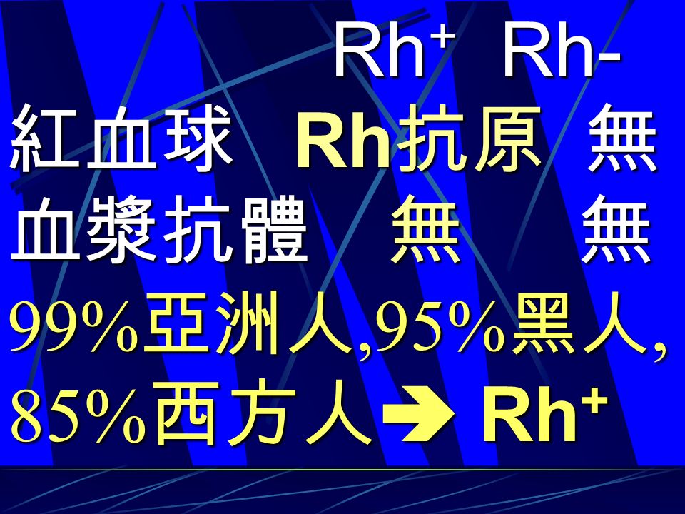 Rh + Rh- Rh + Rh- 紅血球 Rh 抗原 無 血漿抗體 無 無 99% 亞洲人,95% 黑人, 85% 西方人  Rh +