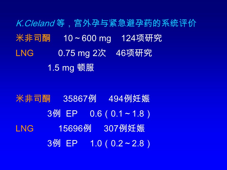 K.Cleland 等，宫外孕与紧急避孕药的系统评价 米非司酮 10 ～ 600 mg 124 项研究 LNG 0.75 mg 2 次 46 项研究 1.5 mg 顿服 米非司酮 例 494 例妊娠 3 例 EP 0.6 （ 0.1 ～ 1.8 ） LNG 例 307 例妊娠 3 例 EP 1.0 （ 0.2 ～ 2.8 ）