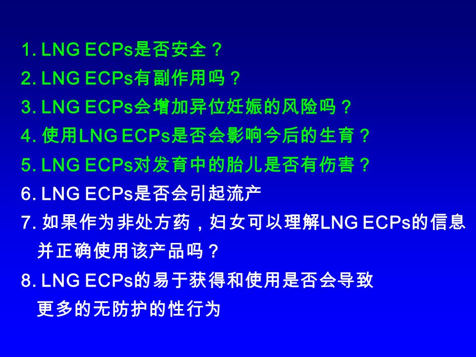 1. LNG ECPs 是否安全？ 2. LNG ECPs 有副作用吗？ 3. LNG ECPs 会增加异位妊娠的风险吗？ 4.