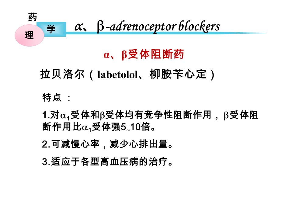 药 学 理 α 、 β 受体阻断药 α 、  -adrenoceptor blockers 特点 ： 1.