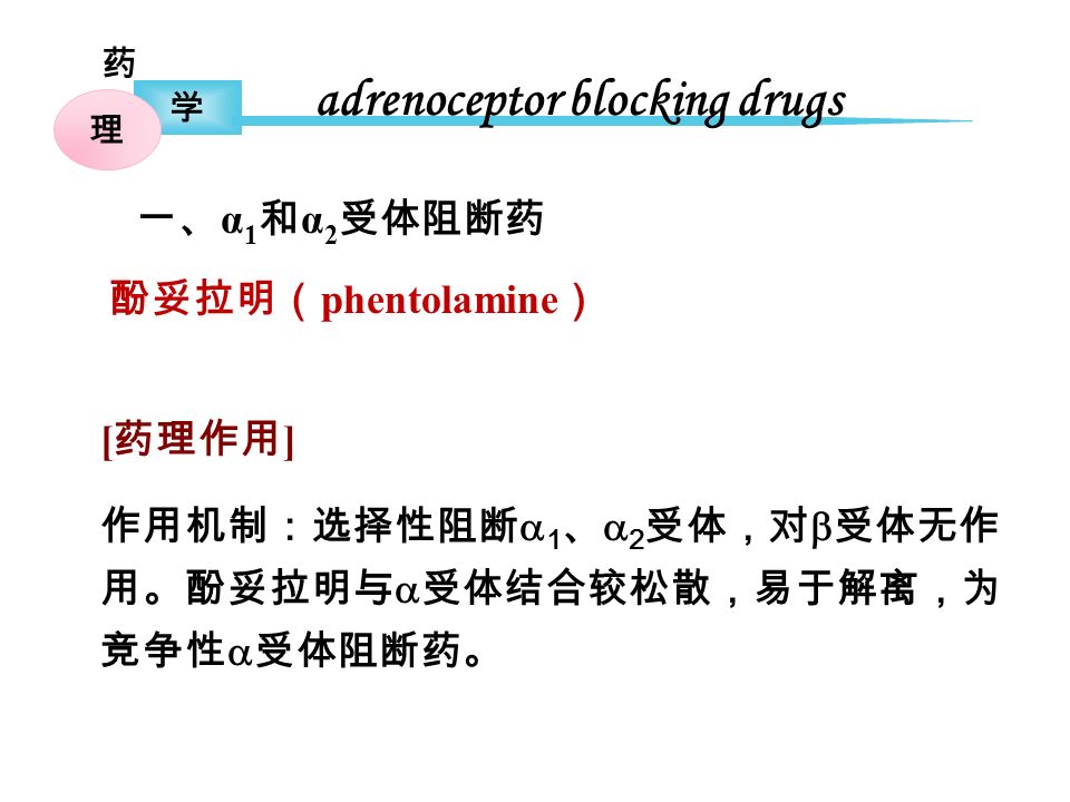 药 学 理 一、 α 1 和 α 2 受体阻断药 adrenoceptor blocking drugs 酚妥拉明（ phentolamine ） [ 药理作用 ] 作用机制：选择性阻断  1 、  2 受体，对  受体无作 用。酚妥拉明与  受体结合较松散，易于解离，为 竞争性  受体阻断药。