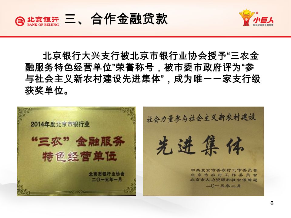 6 北京银行大兴支行被北京市银行业协会授予 三农金 融服务特色经营单位 荣誉称号，被市委市政府评为 参 与社会主义新农村建设先进集体 ，成为唯一一家支行级 获奖单位。