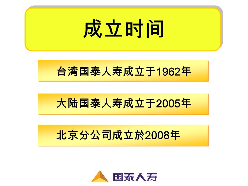 台湾国泰人寿成立于 1962 年 大陆国泰人寿成立于 2005 年 北京分公司成立於 2008 年 成立时间
