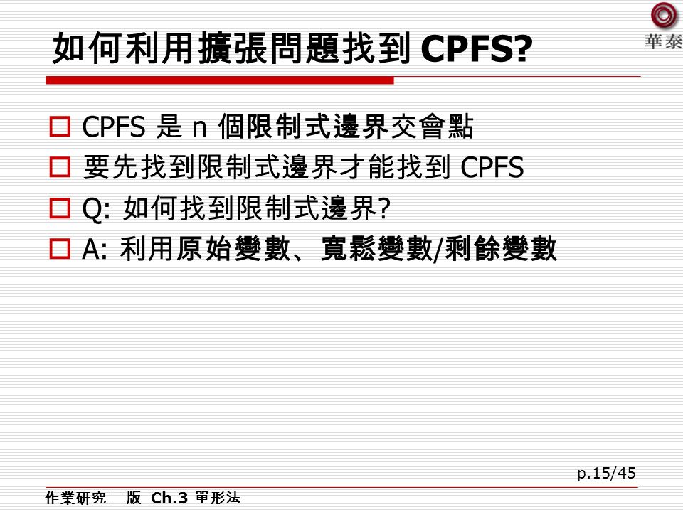 如何利用擴張問題找到 CPFS.  CPFS 是 n 個限制式邊界交會點  要先找到限制式邊界才能找到 CPFS  Q: 如何找到限制式邊界 .