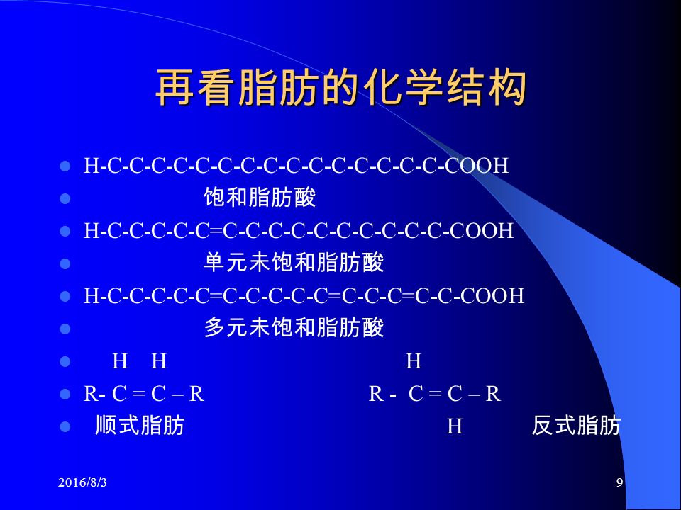 再看脂肪的化学结构 H-C-C-C-C-C-C-C-C-C-C-C-C-C-C-C-COOH 饱和脂肪酸 H-C-C-C-C-C=C-C-C-C-C-C-C-C-C-C-COOH 单元未饱和脂肪酸 H-C-C-C-C-C=C-C-C-C-C=C-C-C=C-C-COOH 多元未饱和脂肪酸 H H H R- C = C – R R - C = C – R 顺式脂肪 H 反式脂肪 2016/8/39