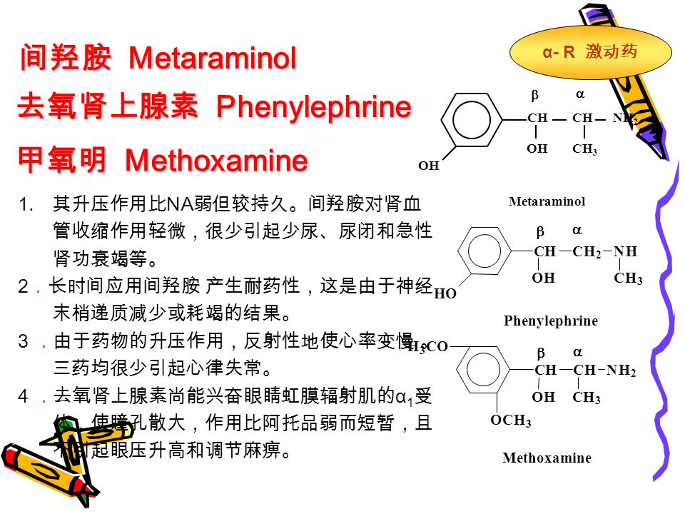 间羟胺 Metaraminol 去氧肾上腺素 Phenylephrine 甲氧明 Methoxamine   CH NH 2 OH CH 3 Metaraminol Phenylephrine CHCH 2 NH OH HO CH 3     CHCHNH 2 OHCH 3 OCH 3 H 3 CO Methoxamine α- R 激动药 1.
