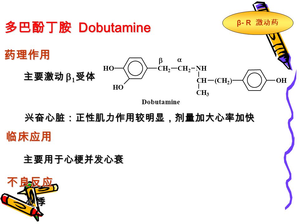 多巴酚丁胺 Dobutamine 药理作用 主要激动   受体 兴奋心脏：正性肌力作用较明显，剂量加大心率加快 临床应用 主要用于心梗并发心衰 不良反应 心悸 CH 2 CH 2 NH HO HO CH(CH 2 ) CH 3 OH   Dobutamine β - R 激动药