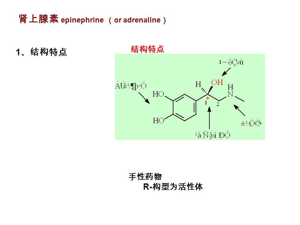 肾上腺素 epinephrine （ or adrenaline ） 1 、结构特点 结构特点 手性药物 R- 构型为活性体