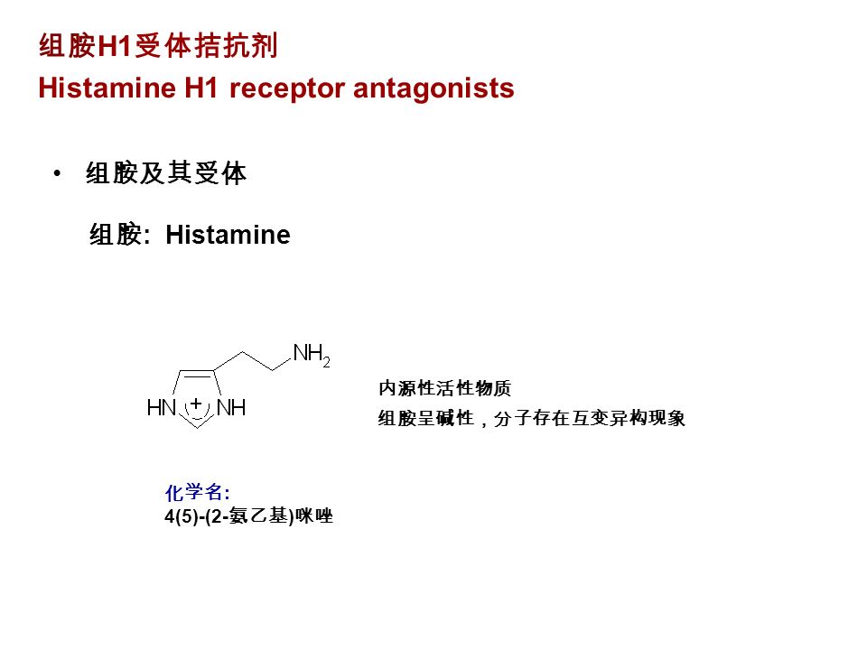 组胺 H1 受体拮抗剂 Histamine H1 receptor antagonists 组胺及其受体 组胺 : Histamine 内源性活性物质 组胺呈碱性，分子存在互变异构现象 化学名 : 4(5)-(2- 氨乙基 ) 咪唑