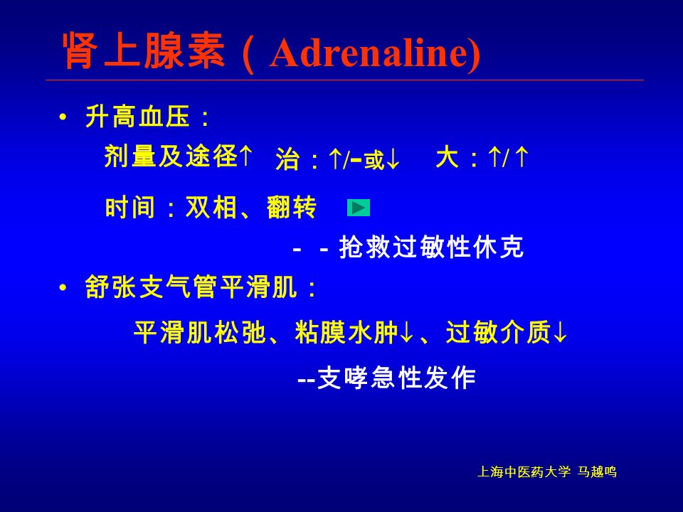上海中医药大学 马越鸣 肾上腺素（ Adrenaline) 升高血压： －－抢救过敏性休克 平滑肌松弛、粘膜水肿  、过敏介质  -- 支哮急性发作 治：  / - 或  舒张支气管平滑肌： 剂量及途径  大：  /  时间：双相、翻转