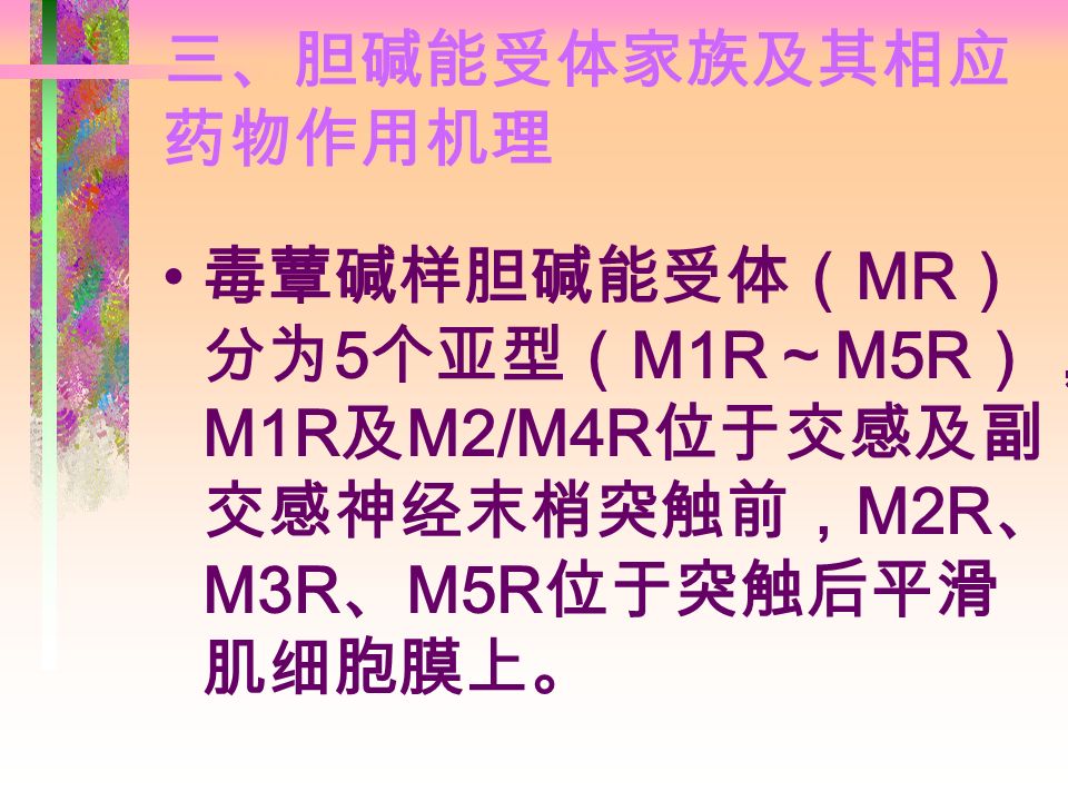 三、胆碱能受体家族及其相应 药物作用机理 毒蕈碱样胆碱能受体（ MR ） 分为 5 个亚型（ M1R ～ M5R ）， M1R 及 M2/M4R 位于交感及副 交感神经末梢突触前， M2R 、 M3R 、 M5R 位于突触后平滑 肌细胞膜上。