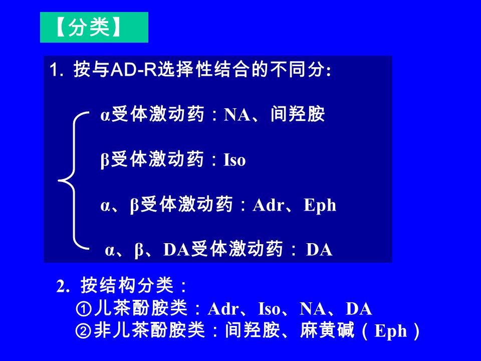 2. 按结构分类： ①儿茶酚胺类： Adr 、 Iso 、 NA 、 DA ②非儿茶酚胺类：间羟胺、麻黄碱（ Eph ） 1.