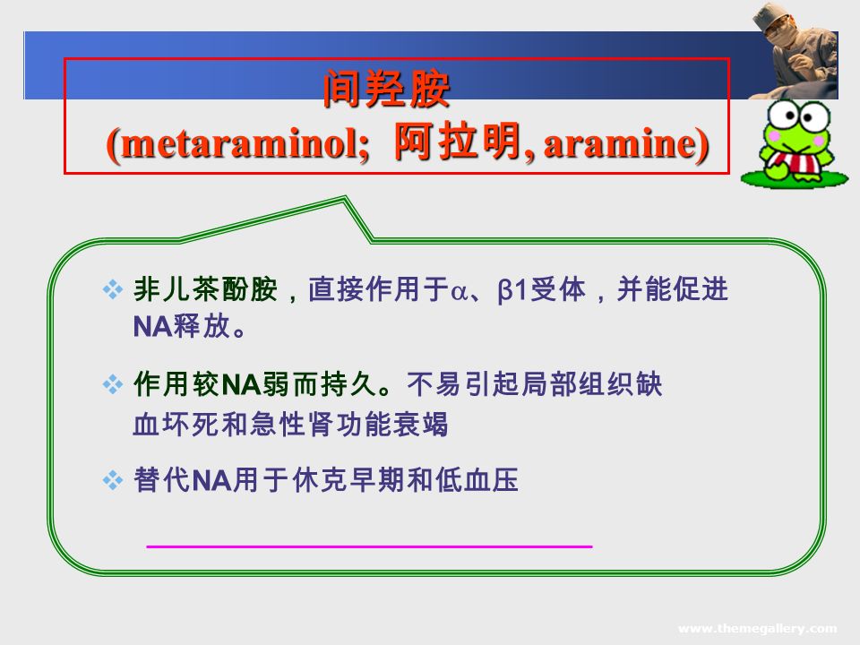  非儿茶酚胺，直接作用于  、 β1 受体，并能促进 NA 释放。  作用较 NA 弱而持久。不易引起局部组织缺 血坏死和急性肾功能衰竭  替代 NA 用于休克早期和低血压 间羟胺 间羟胺 (metaraminol; 阿拉明, aramine) (metaraminol; 阿拉明, aramine)