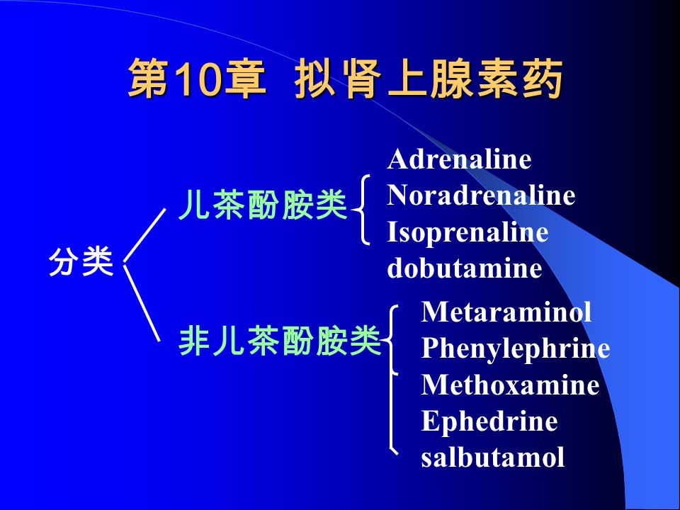第 10 章 拟肾上腺素药 分类 儿茶酚胺类 非儿茶酚胺类 Adrenaline Noradrenaline Isoprenaline dobutamine Metaraminol Phenylephrine Methoxamine Ephedrine salbutamol