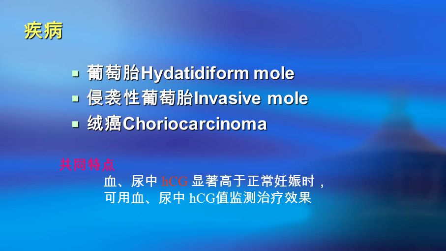 疾病  葡萄胎 Hydatidiform mole  侵袭性葡萄胎 Invasive mole  绒癌 Choriocarcinoma 共同特点 血、尿中 hCG 显著高于正常妊娠时， 可用血、尿中 hCG 值监测治疗效果