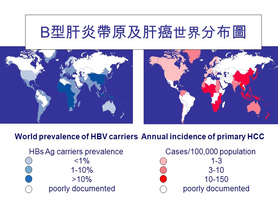 World prevalence of HBV carriers HBs Ag carriers prevalence 10% poorly documented Annual incidence of primary HCC Cases/100,000 population poorly documented B 型肝炎帶原及肝癌 世界 分布圖