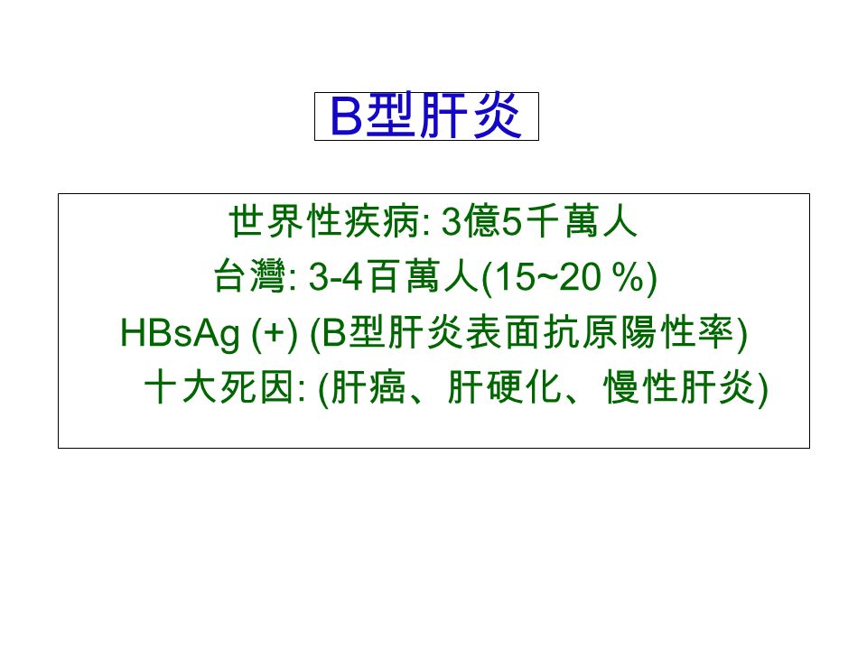 B 型肝炎 世界性疾病 : 3 億 5 千萬人 台灣 : 3-4 百萬人 (15~20 %) HBsAg (+) (B 型肝炎表面抗原陽性率 ) 十大死因 : ( 肝癌、肝硬化、慢性肝炎 )