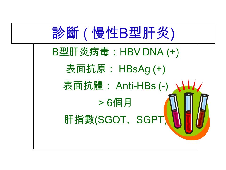 診斷 ( 慢性 B 型肝炎 ) B 型肝炎病毒： HBV DNA (+) 表面抗原： HBsAg (+) 表面抗體： Anti-HBs (-) > 6 個月 肝指數 (SGOT 、 SGPT)