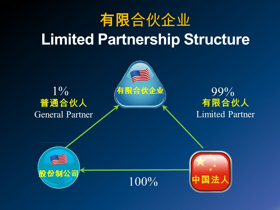 有限合伙企业 Limited Partnership Structure 普通合伙人 General Partner 1% 有限合伙企业 有限合伙人 Limited Partner 99% 中国法人 股份制公司 100%
