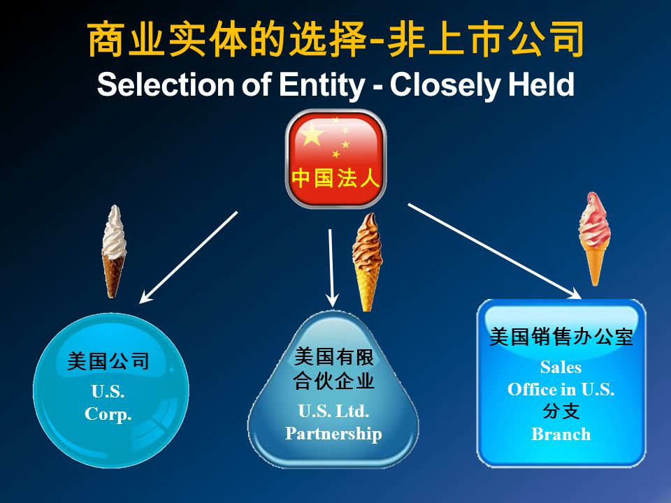 商业实体的选择 - 非上市公司 Selection of Entity - Closely Held 中国法人 美国公司 U.S.