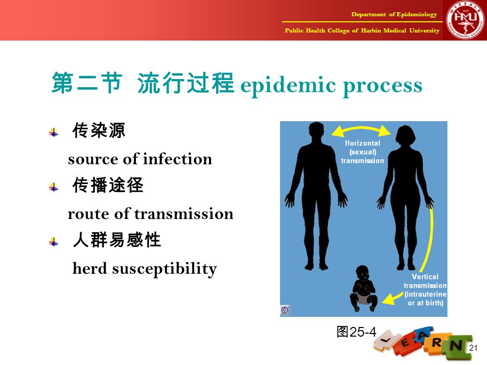 Department of Epidemiology Public Health College of Harbin Medical University 21 第二节 流行过程 epidemic process 传染源 source of infection 传播途径 route of transmission 人群易感性 herd susceptibility 图 25-4