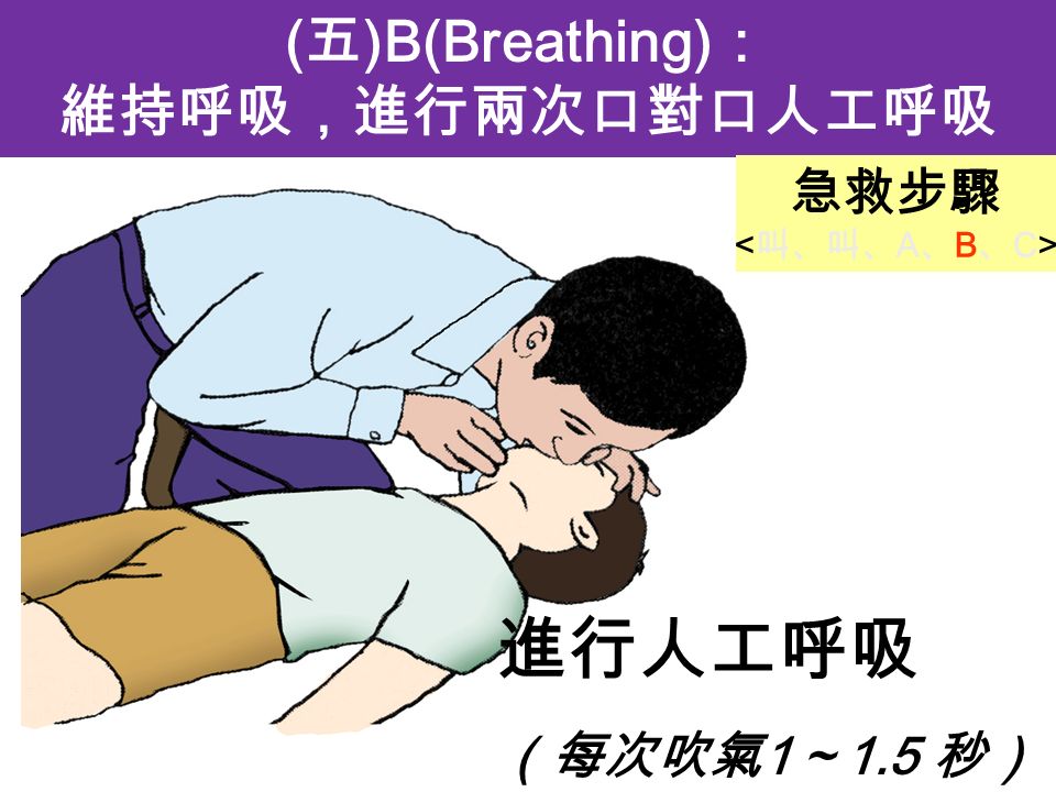 進行人工呼吸 （每次吹氣 1 ～ 1.5 秒） ( 五 )B(Breathing) ： 維持呼吸，進行兩次口對口人工呼吸 急救步驟