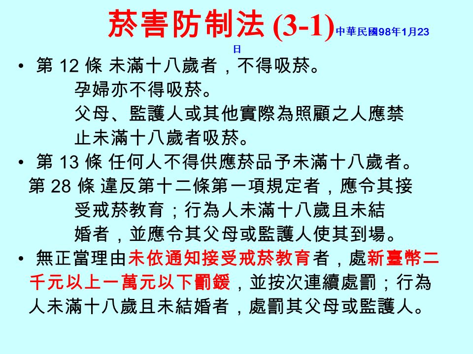 菸害防制法 (3-1) 中華民國 98 年 1 月 23 日 第 12 條 未滿十八歲者，不得吸菸。 孕婦亦不得吸菸。 父母、監護人或其他實際為照顧之人應禁 止未滿十八歲者吸菸。 第 13 條 任何人不得供應菸品予未滿十八歲者。 第 28 條 違反第十二條第一項規定者，應令其接 受戒菸教育；行為人未滿十八歲且未結 婚者，並應令其父母或監護人使其到場。 無正當理由未依通知接受戒菸教育者，處新臺幣二 千元以上一萬元以下罰鍰，並按次連續處罰；行為 人未滿十八歲且未結婚者，處罰其父母或監護人。
