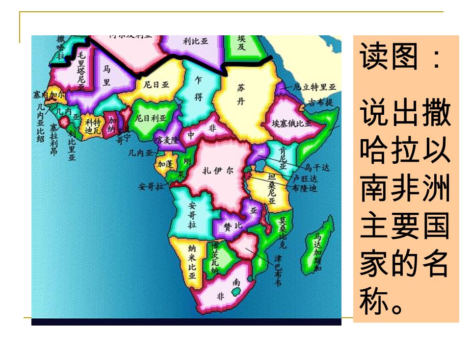 读图： 说出撒 哈拉以 南非洲 主要国 家的名 称。
