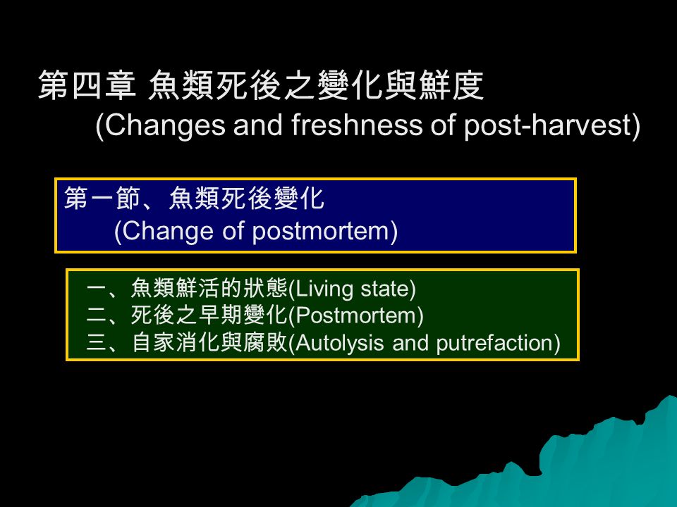 第四章 魚類死後之變化與鮮度 (Changes and freshness of post-harvest) 一、魚類鮮活的狀態 (Living state) 二、死後之早期變化 (Postmortem) 三、自家消化與腐敗 (Autolysis and putrefaction) 第一節、魚類死後變化 (Change of postmortem)