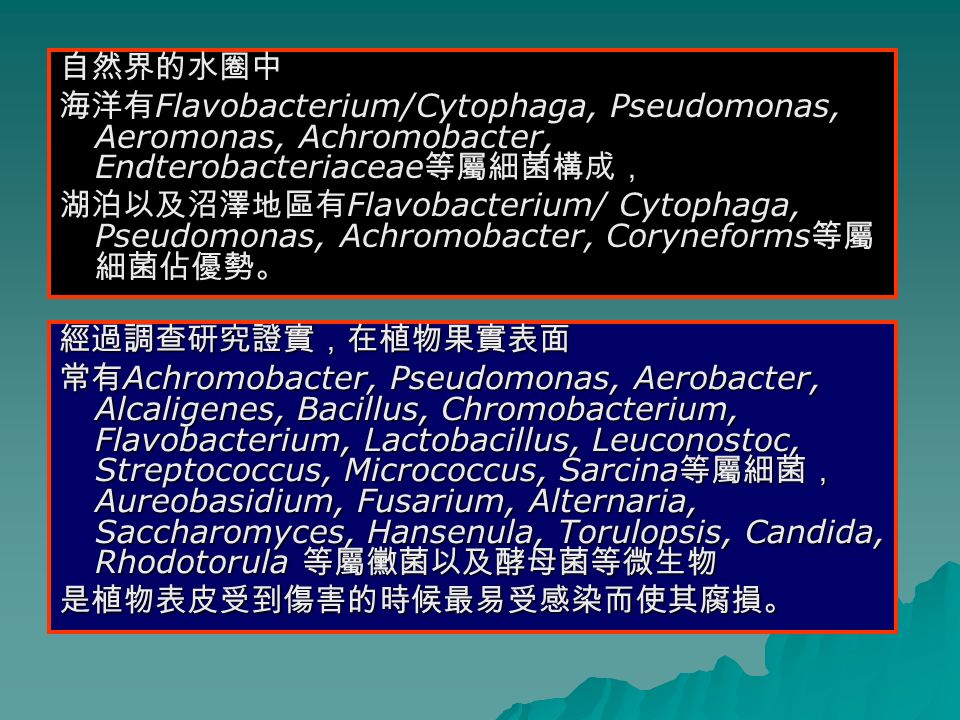經過調查研究證實，在植物果實表面 常有 Achromobacter, Pseudomonas, Aerobacter, Alcaligenes, Bacillus, Chromobacterium, Flavobacterium, Lactobacillus, Leuconostoc, Streptococcus, Micrococcus, Sarcina 等屬細菌， Aureobasidium, Fusarium, Alternaria, Saccharomyces, Hansenula, Torulopsis, Candida, Rhodotorula 等屬黴菌以及酵母菌等微生物 是植物表皮受到傷害的時候最易受感染而使其腐損。 自然界的水圈中 海洋有 Flavobacterium/Cytophaga, Pseudomonas, Aeromonas, Achromobacter, Endterobacteriaceae 等屬細菌構成， 湖泊以及沼澤地區有 Flavobacterium/ Cytophaga, Pseudomonas, Achromobacter, Coryneforms 等屬 細菌佔優勢。
