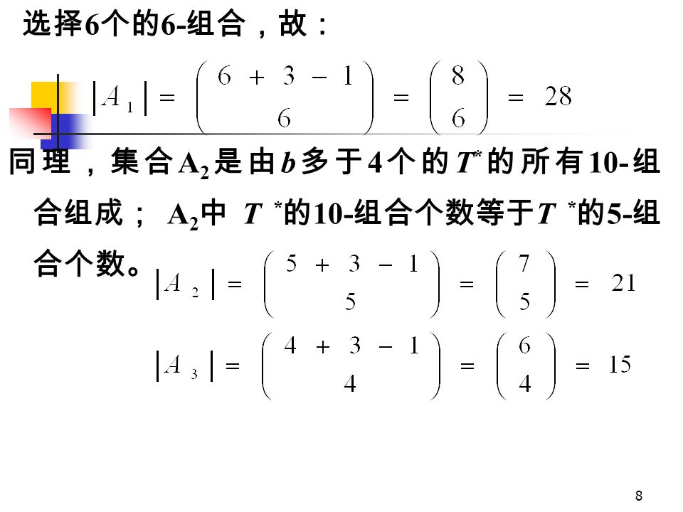 7 其中集合 A 1 是由 a 多于 3 个的 T * 的所有 10- 组 合组成；即构成 A 1 中每个 10- 组合都至少有 4 个 a ，如果任意取 A 1 中的一个 10- 组合并且去掉 其中的 4 个 a ，剩下的就是 T * 的 6- 组合。 反之, 如果拿出 T * 的 6- 组合再加入 4 个 a 就得到 T * 的 10- 组合，而且其中至少有 4 个 a ，也就是说 T * 的 10- 组合个数等于 T * 的 6- 组合个数，或者说 A 1 中的 4 个元素已经确定，余下再作三类元素
