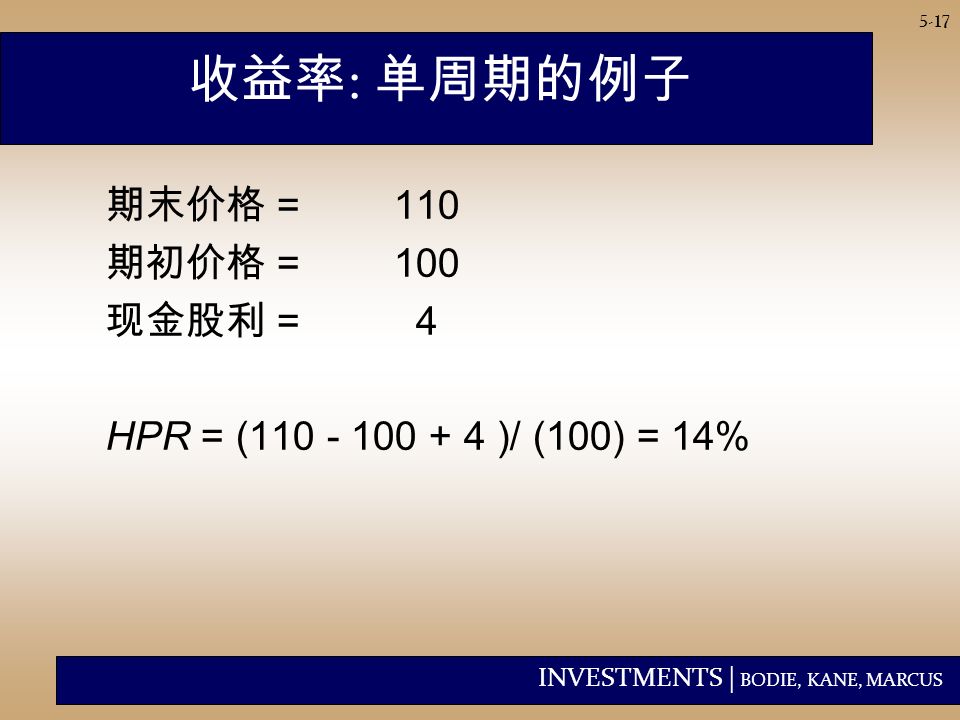 INVESTMENTS | BODIE, KANE, MARCUS 5-17 期末价格 =110 期初价格 = 100 现金股利 = 4 HPR = ( )/ (100) = 14% 收益率 : 单周期的例子