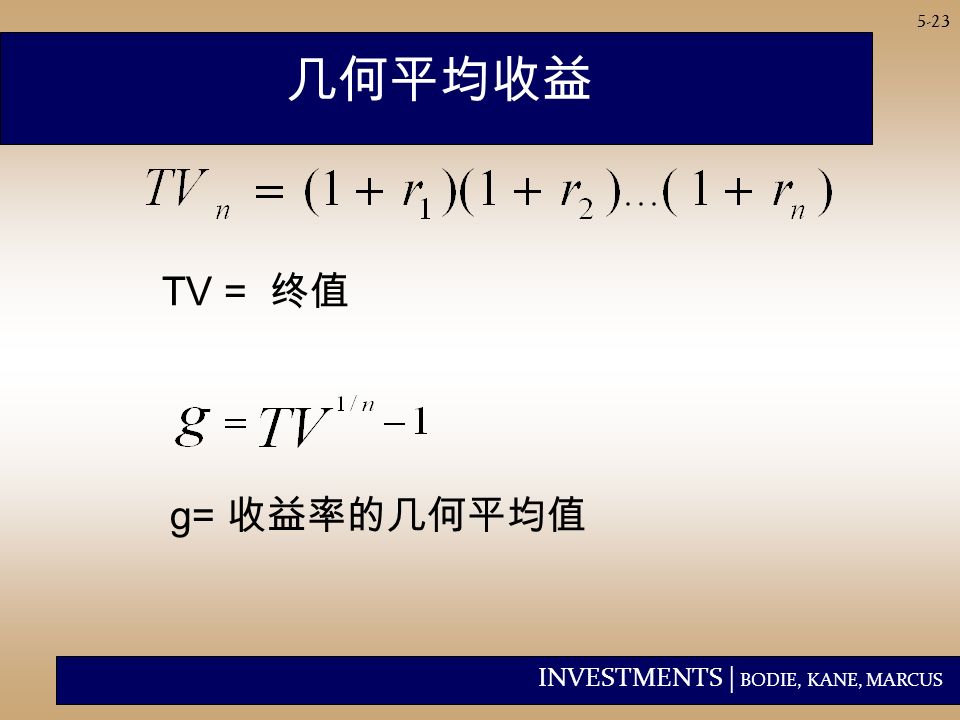 INVESTMENTS | BODIE, KANE, MARCUS 5-23 几何平均收益 TV = 终值 g= 收益率的几何平均值