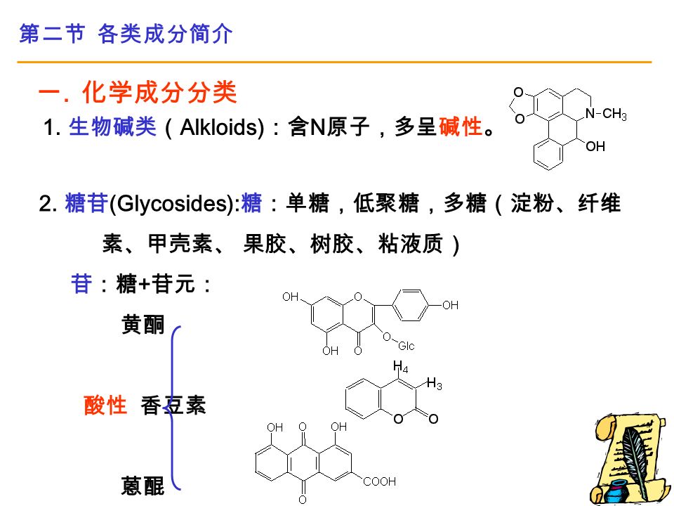 第二节 各类成分简介 一.化学成分分类 1. 生物碱类（ Alkloids) ：含 N 原子，多呈碱性。 2.