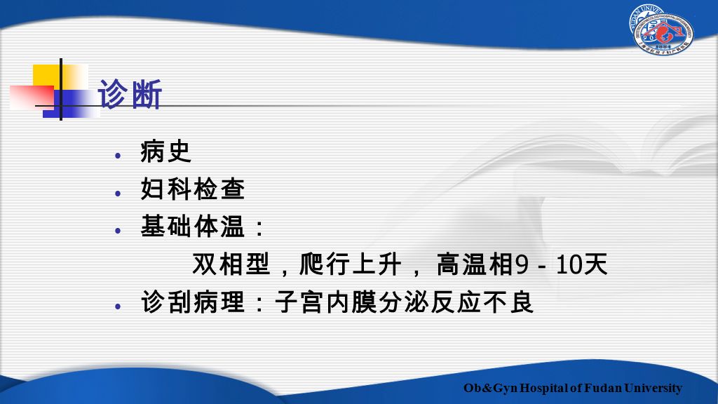 Ob&Gyn Hospital of Fudan University 诊断 病史 妇科检查 基础体温： 双相型，爬行上升， 高温相 9 － 10 天 诊刮病理：子宫内膜分泌反应不良