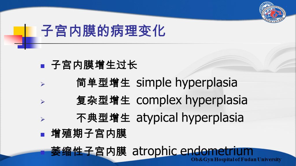 Ob&Gyn Hospital of Fudan University 子宫内膜的病理变化 子宫内膜增生过长  简单型增生 simple hyperplasia  复杂型增生 complex hyperplasia  不典型增生 atypical hyperplasia 增殖期子宫内膜 萎缩性子宫内膜 atrophic endometrium
