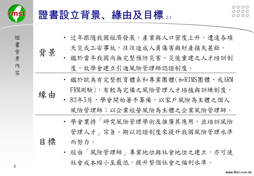 個人及企業風險管理師資格考試說明研究風險管理學術及推展應用 訓練風險管理人員 2 報告大綱組織行政運作1 1 組織與章程1 2 學會專業與證照證書背景內容