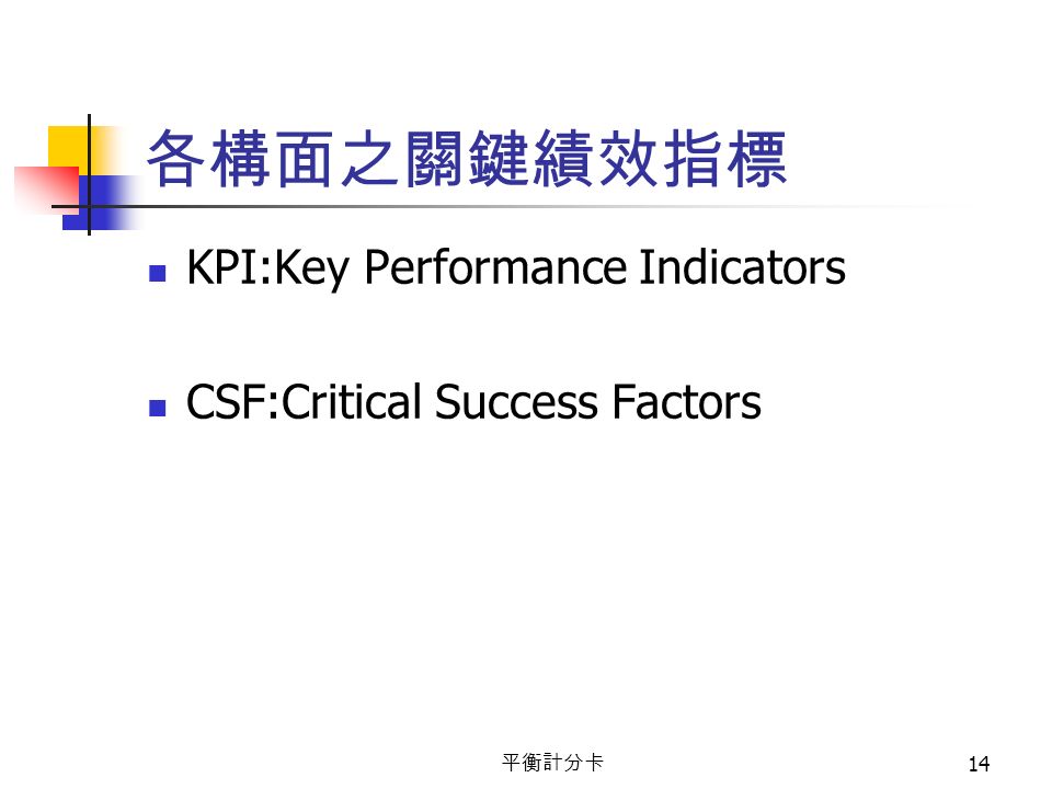 平衡計分卡 14 各構面之關鍵績效指標 KPI:Key Performance Indicators CSF:Critical Success Factors