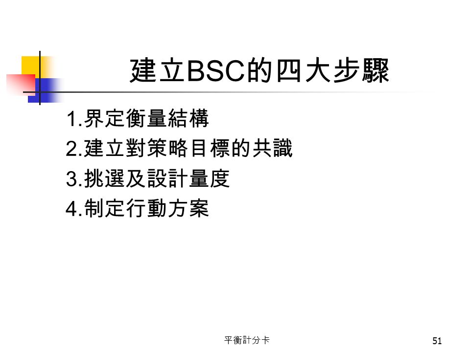 平衡計分卡 51 建立 BSC 的四大步驟 1. 界定衡量結構 2. 建立對策略目標的共識 3. 挑選及設計量度 4. 制定行動方案