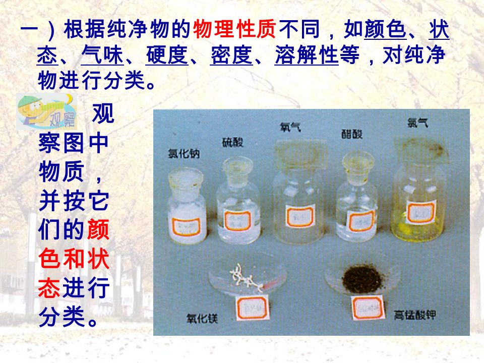 一、物质分类的方法：  1 、从物理性质的角度思考、分析下列几组物 质有何不同之处？ 1 ） KMnO 4 和 KClO 3 2 ）氧气、水和食盐 3 ） O 2 和 SO 2 4 ） KCl 和 CaCO 3  2 、观察下列几组物质，并对它们加以区别分 类。 1 ）浓盐酸 和 浓硫酸 2 ）硫酸铜和氯化钠溶液 3 ）水和 蔗糖 4 ）氯化钠和氯化银固体