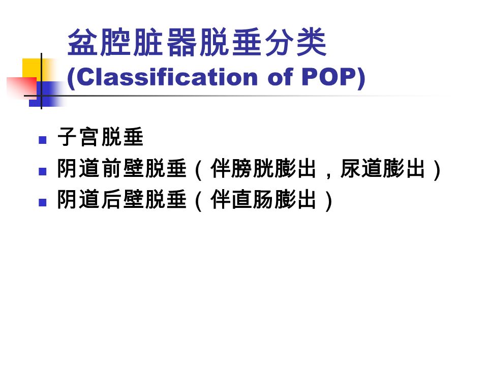 盆腔脏器脱垂分类 (Classification of POP) 子宫脱垂 阴道前壁脱垂（伴膀胱膨出，尿道膨出） 阴道后壁脱垂（伴直肠膨出）