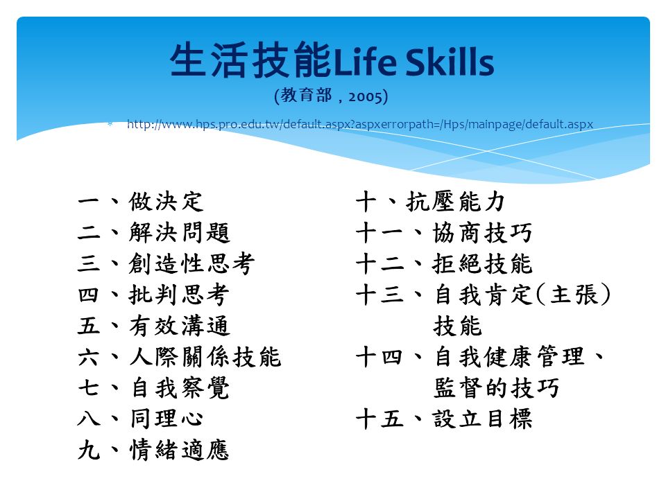    aspxerrorpath=/Hps/mainpage/default.aspx 生活技能 Life Skills ( 教育部， 2005)