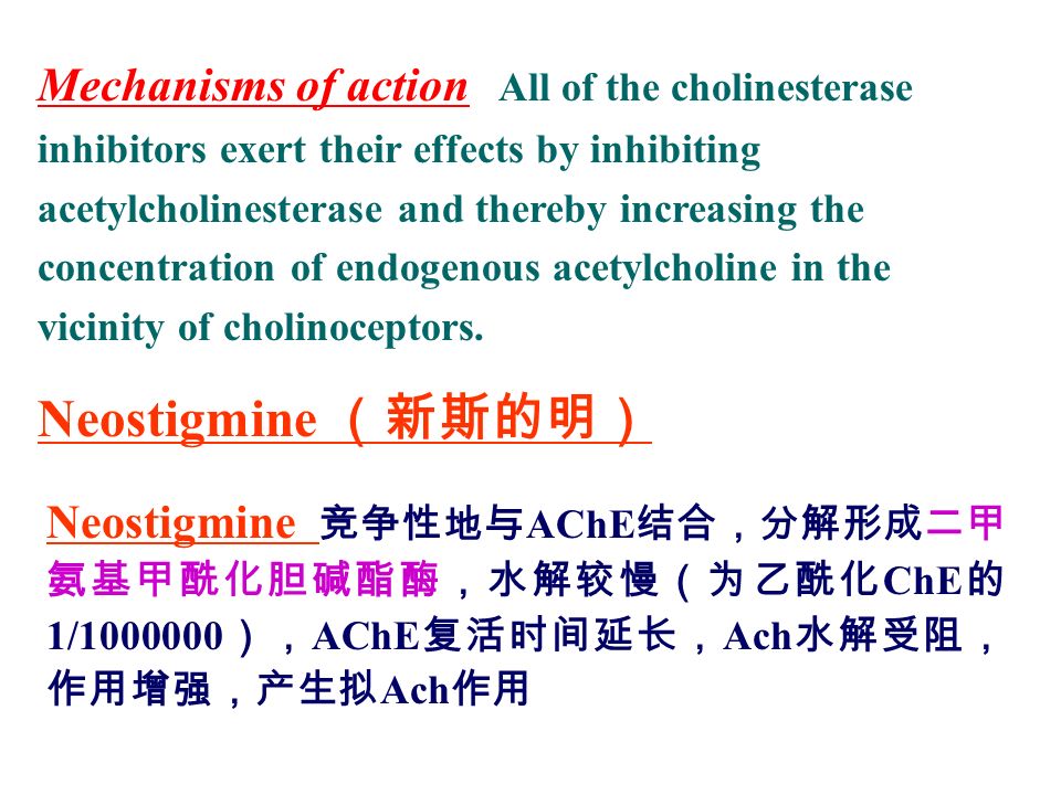 Mechanisms of action All of the cholinesterase inhibitors exert their effects by inhibiting acetylcholinesterase and thereby increasing the concentration of endogenous acetylcholine in the vicinity of cholinoceptors.
