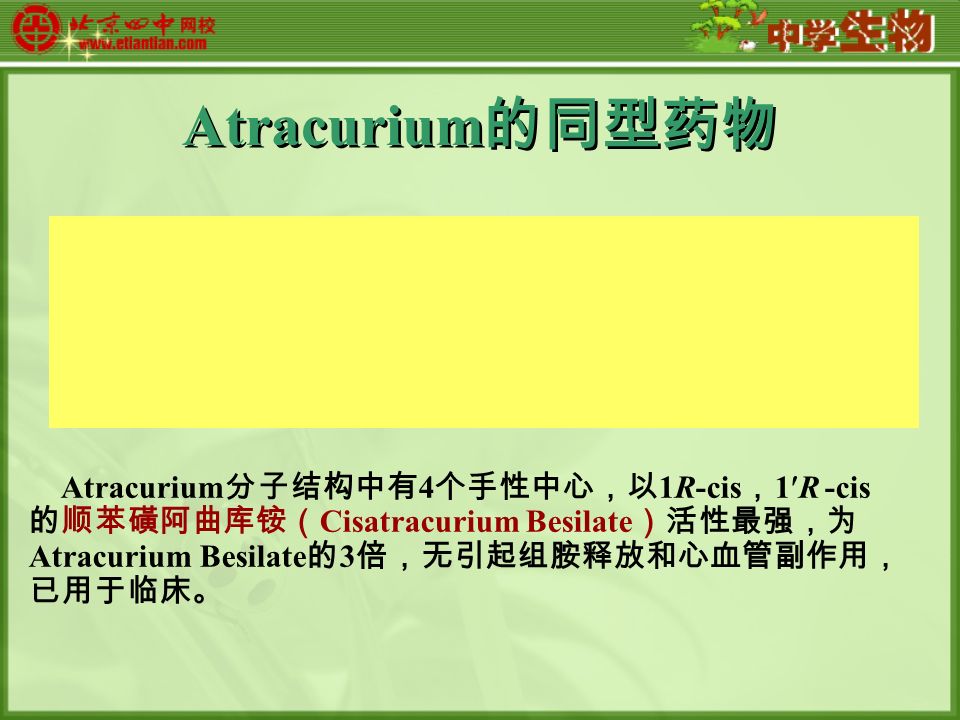 Atracurium 的同型药物 Atracurium 分子结构中有 4 个手性中心，以 1R-cis ， 1R -cis 的顺苯磺阿曲库铵（ Cisatracurium Besilate ）活性最强，为 Atracurium Besilate 的 3 倍，无引起组胺释放和心血管副作用， 已用于临床。