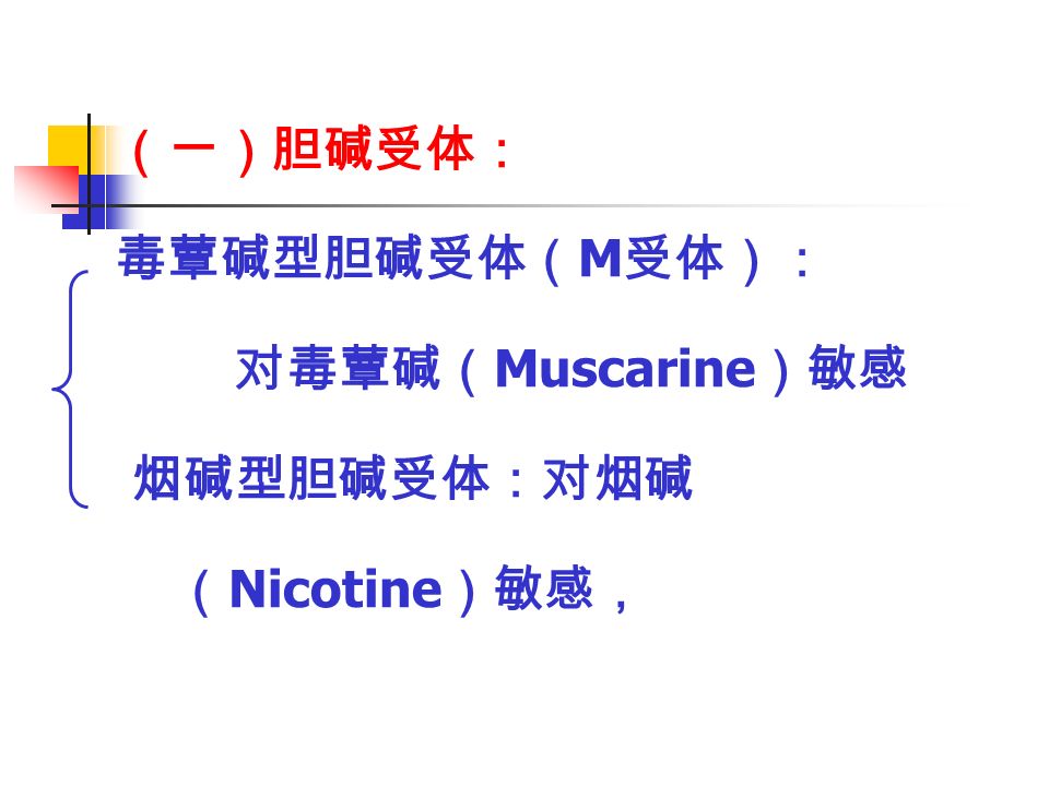 （一）胆碱受体： 毒蕈碱型胆碱受体（ M 受体）： 对毒蕈碱（ Muscarine ）敏感 烟碱型胆碱受体：对烟碱 （ Nicotine ）敏感，