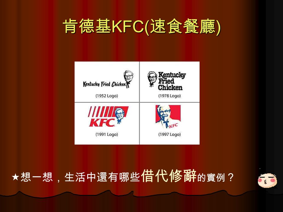 肯德基 KFC( 速食餐廳 )  想一想，生活中還有哪些 借代修辭 的實例 ？