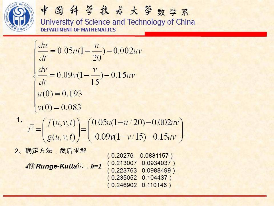 数 学 系 University of Science and Technology of China DEPARTMENT OF MATHEMATICS 1、1、 2 、确定方法，然后求解 （ ） （ ） （ ） （ ） （ ） 4 阶 Runge-Kutta 法， h=1