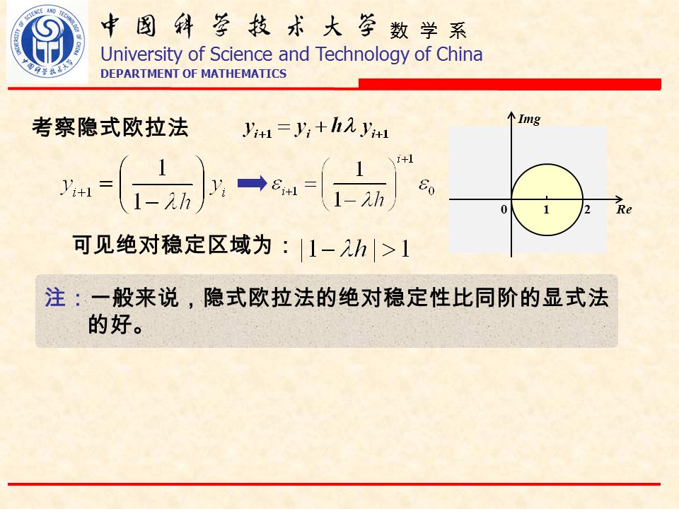 数 学 系 University of Science and Technology of China DEPARTMENT OF MATHEMATICS 考察隐式欧拉法 可见绝对稳定区域为： 210Re Img 注：一般来说，隐式欧拉法的绝对稳定性比同阶的显式法 的好。